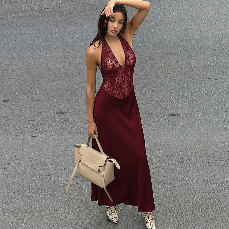 Womens Fashion Hollowed-Out Backless Lace Dress