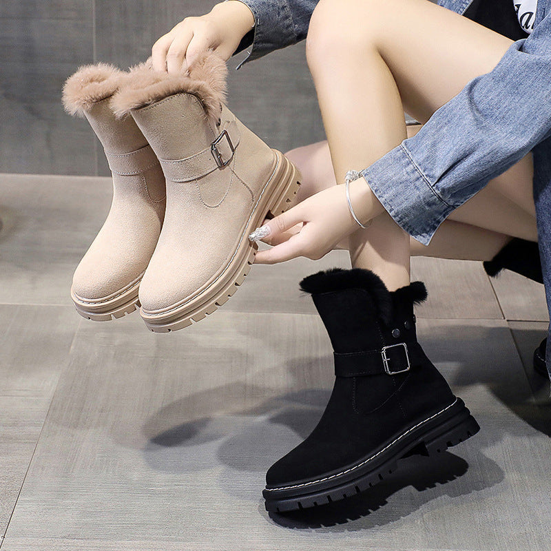 Women's Mid-tube Plus Velvet Warmth Thick-soled Cotton Shoes