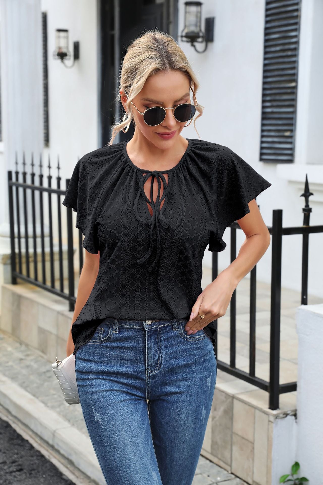 Hollow Jacquard Ruffled Raglan Sleeve Lace-up Short Sleeve Top