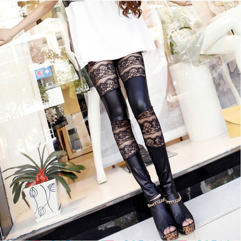 Women's Autumn Faux Leather Stitching Lace Leggings