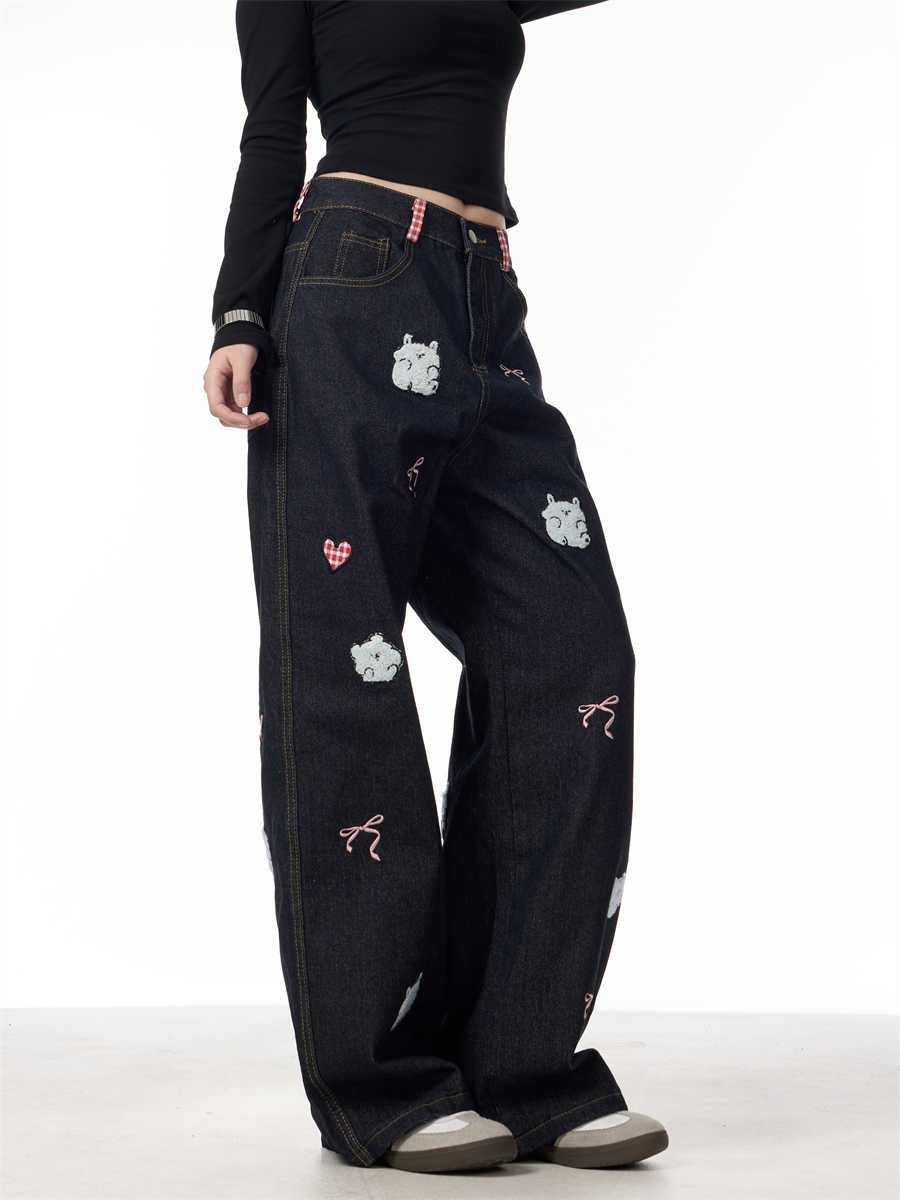 Jeans med lammebroderi til kvinder, retro, lige ben