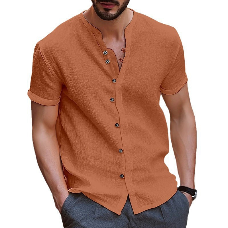 Stylish Mens Retro Button Cotton-linen Casual Short-sleeve Shirt