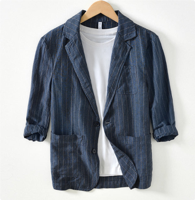 Spring And Autumn Vintage Stripe Loose Ramie Suit