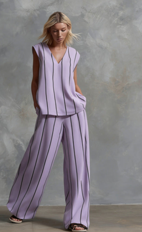 French Minimalist Black And White Vertical Stripe Loose Cotton-Linen Womens Set