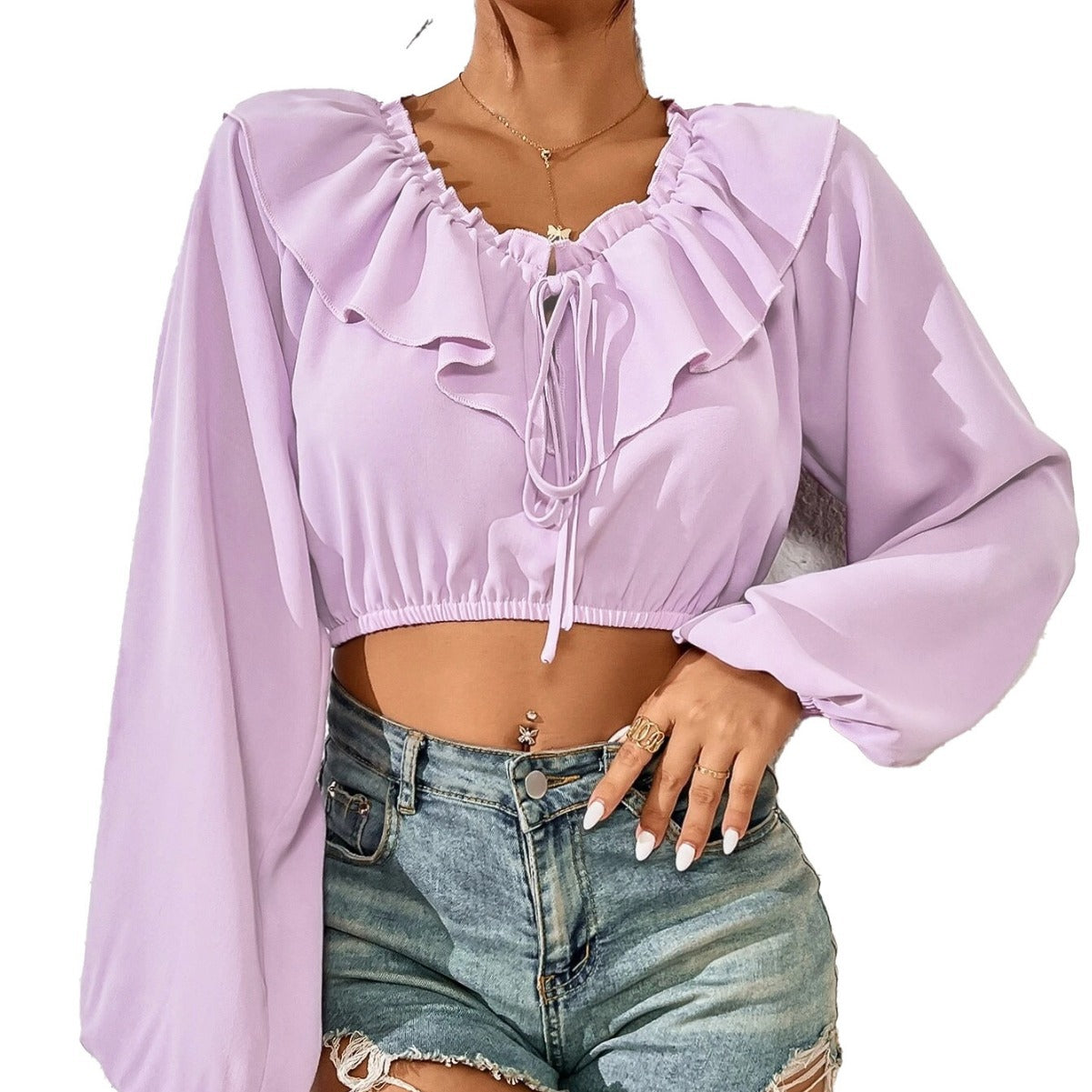 Women's Ultra-short Ruffled Collar Puff Sleeve Long-sleeved Top