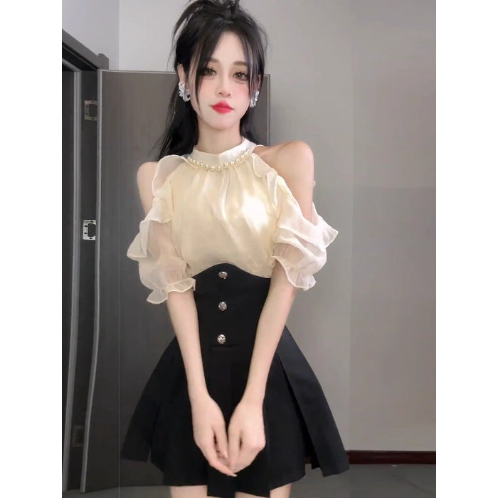 Womens Elegant Halterneck Off-shoulder Top And Skirt Two-piece Set