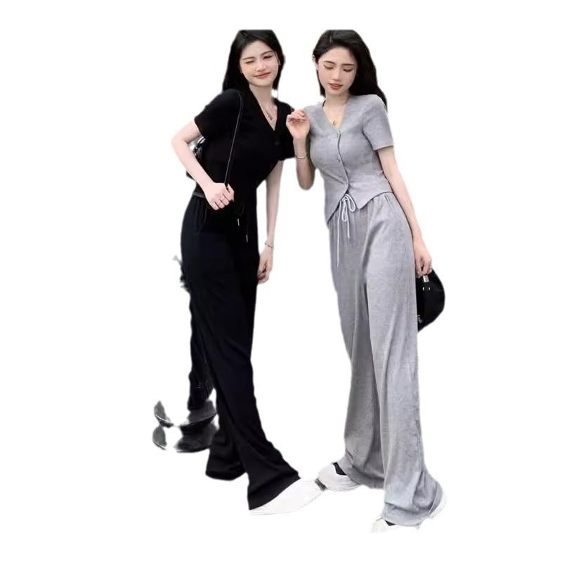 Short Sleeve Cardigan Top And Wide-leg Pants Two-piece Set