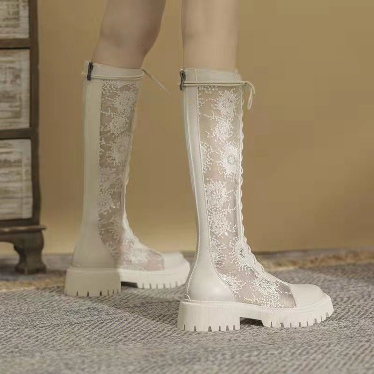 Chunky Heel Cutout Boots Women's White Martin Boots Thin