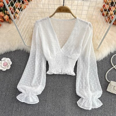V-neck Cross Slim Fit Polka Dot Chiffon Shirt Western Style Waist-slimming Short