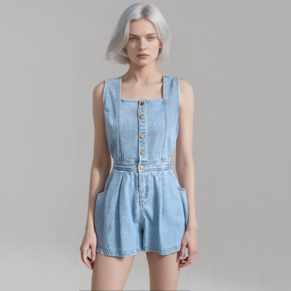 Hot Girl Strap Denim Jumpsuit Women's Back Slit Single-breasted High Waist Wide Leg Pants