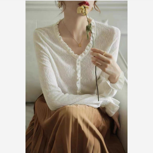 High-grade Hollow-out Lace V-neck Thin Sweater