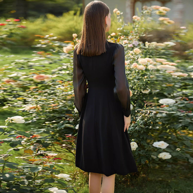 Stylish Black Lace-sleeve Waist-cinched Dress