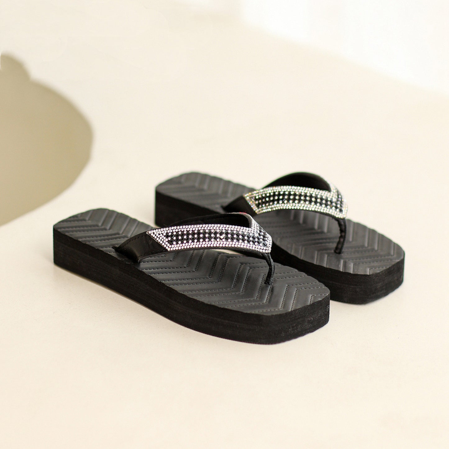 Square Head Clip-on Sandals Thick Bottom Rhinestone Flip Flops