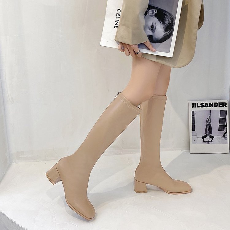 Square Toe Chunky Heel Back Zipper High Boots, Female