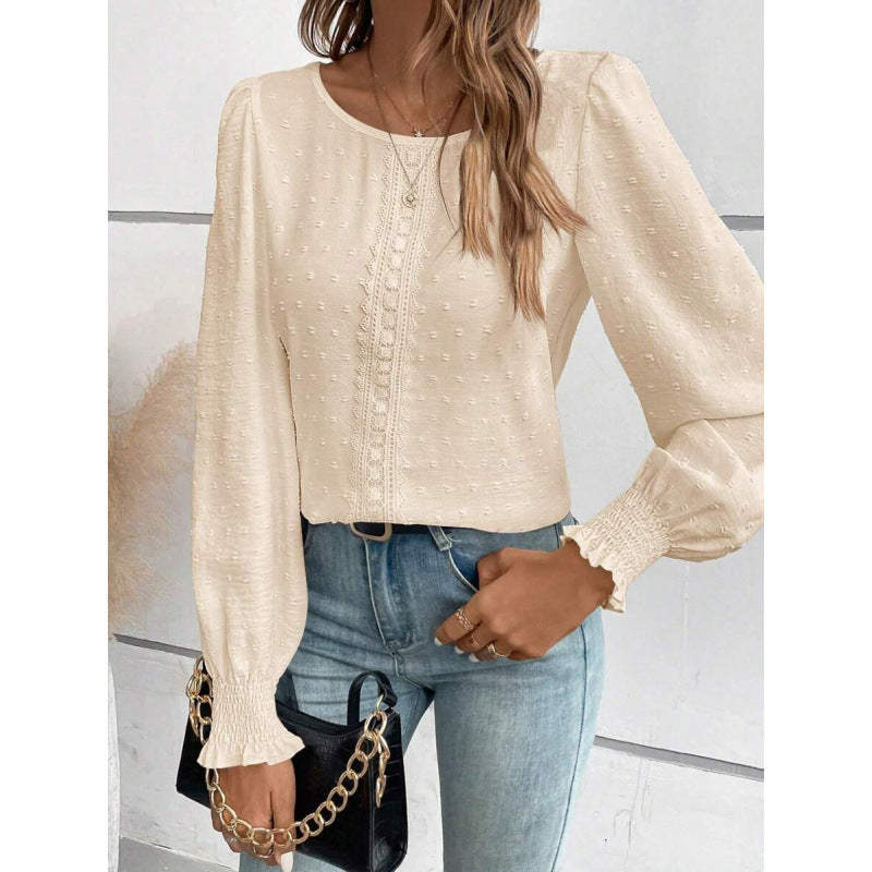Womens Casual Top With Dotted Lace Trim And Lantern Sleeves