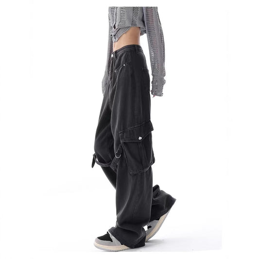Slimming Large Pocket Design High Waist Straight Wide Leg Jeans