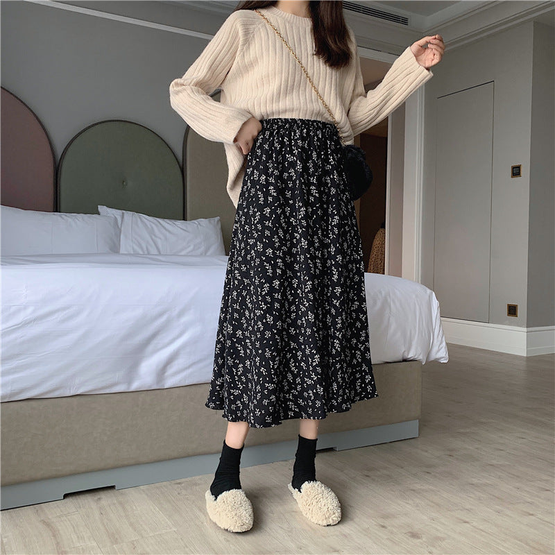 Floral New Fresh High Waist Slimming Korean-style Midi A- Line Skirt