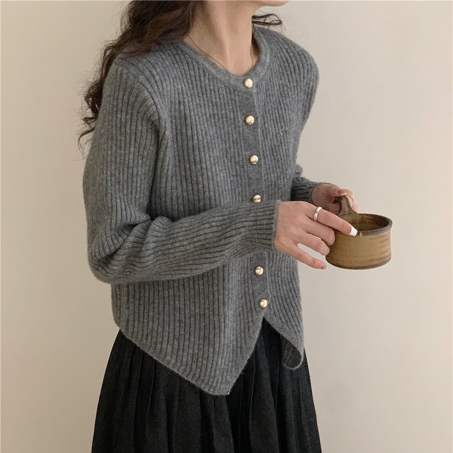 Irregular Crew Neck Knitted Cardigan Slim-fit Sweater Coat