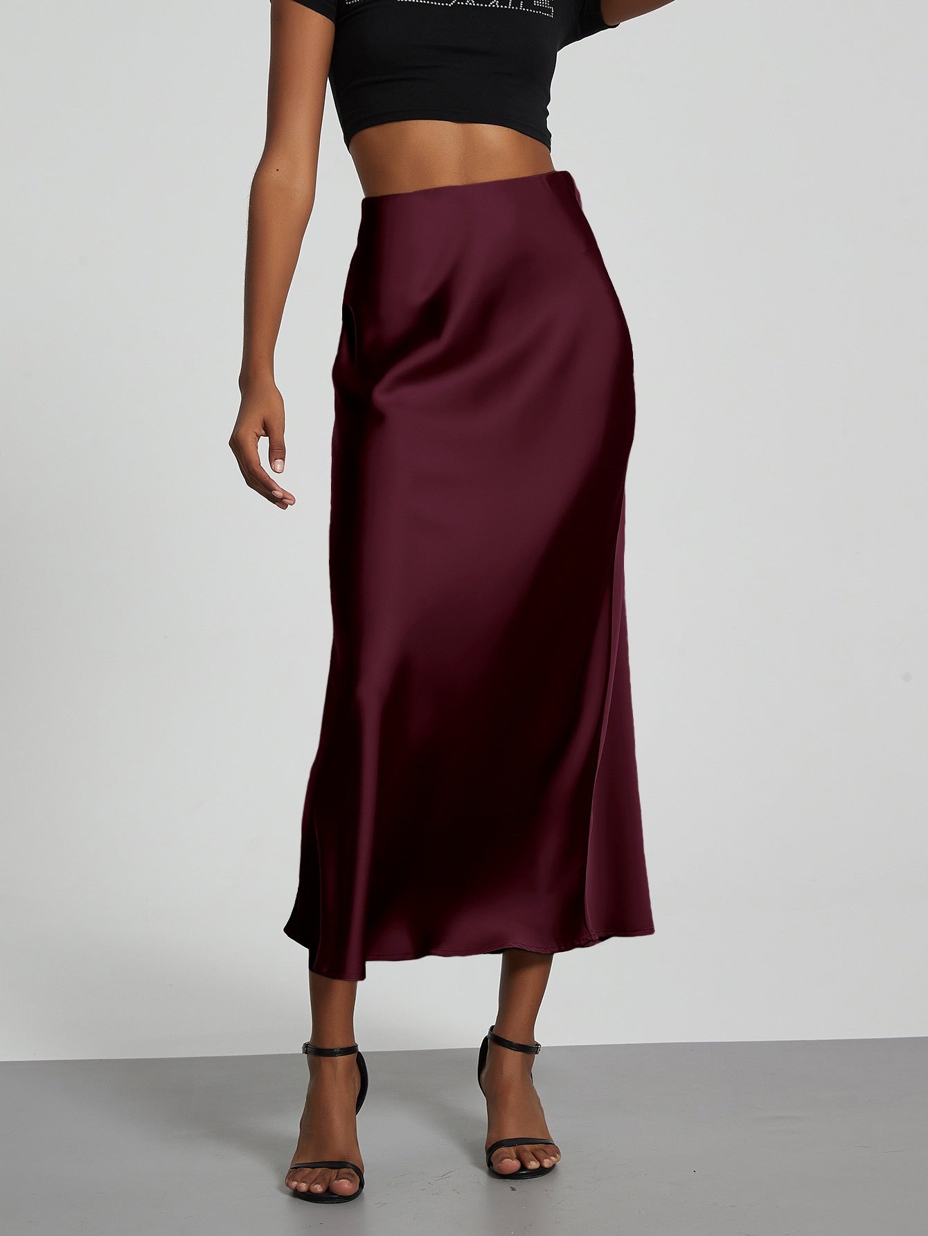 Dame Slim Fit Satin Nederdel Mode Smart Ensfarvet Lang Nederdel