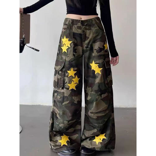American Retro Workwear Women's Loose Straight Wide Leg XINGX Camouflage Jeans
