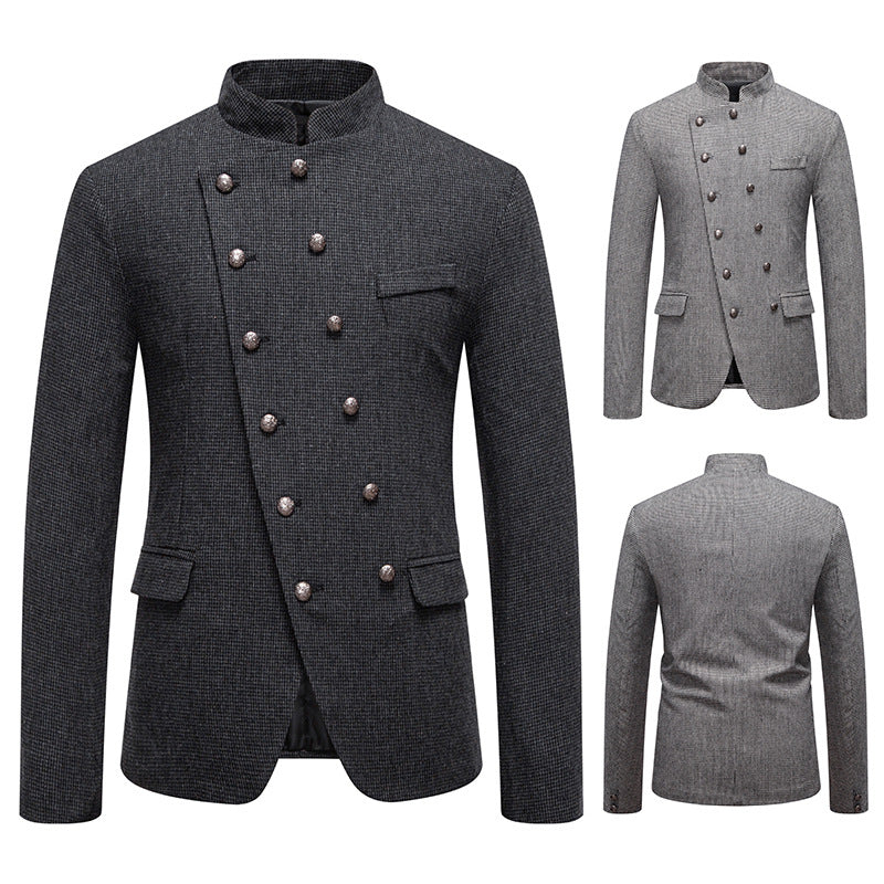 Business Slim-fitting Suit Stand Collar Double Breasted Oblique Placket Costume Men