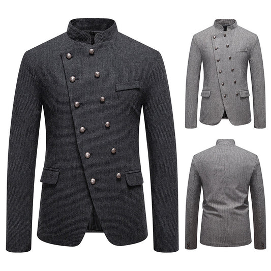 Business Slim-fitting Suit Stand Collar Double Breasted Oblique Placket Costume Men