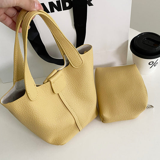 Solid Color Simple Casual Lychee Pattern Soft Leather Handbag