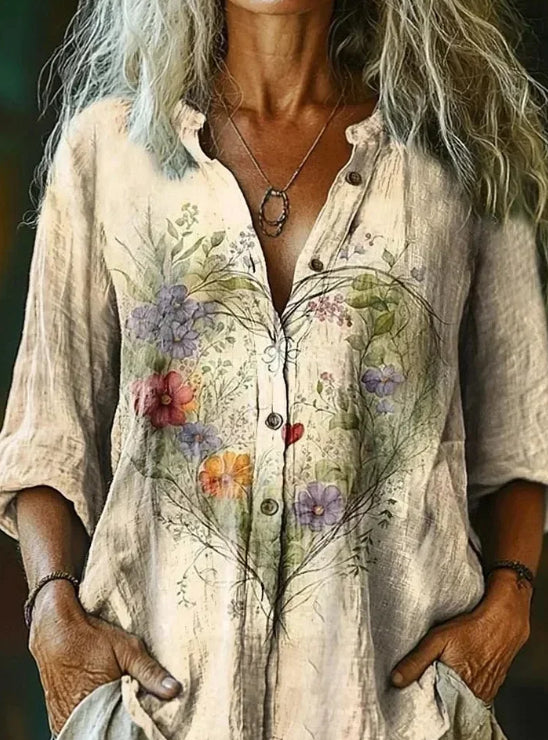 Women's Vintage Ethnic Floral Art Print Linen And Cotton V-neck Casual Shirt