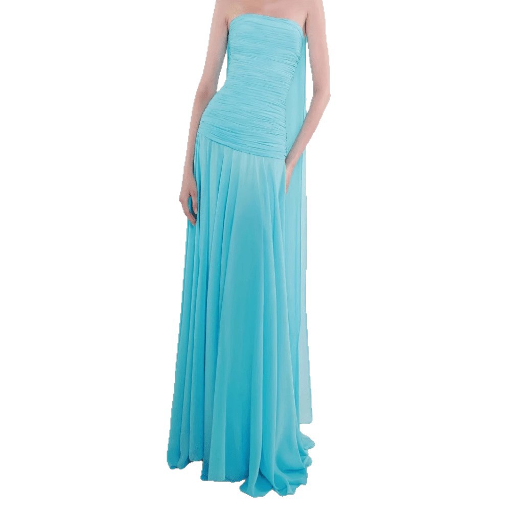 Strapless Pleated Dress With Fluttering Ribbons An Elegant Sophisticated Maxi Gown