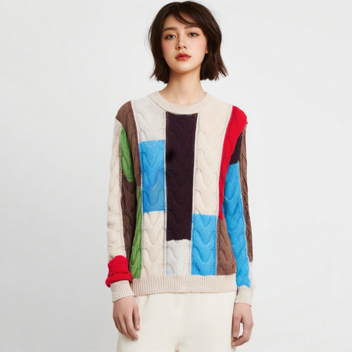 Contrast Color Round Neck Pullover Knitting Long Sleeve Outer Wear Blouse