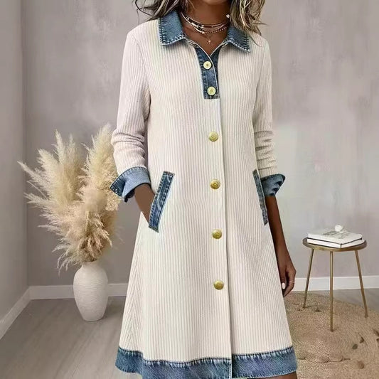 Womens Buttoned Long-Sleeve Corduroy Patchwork Denim Dress