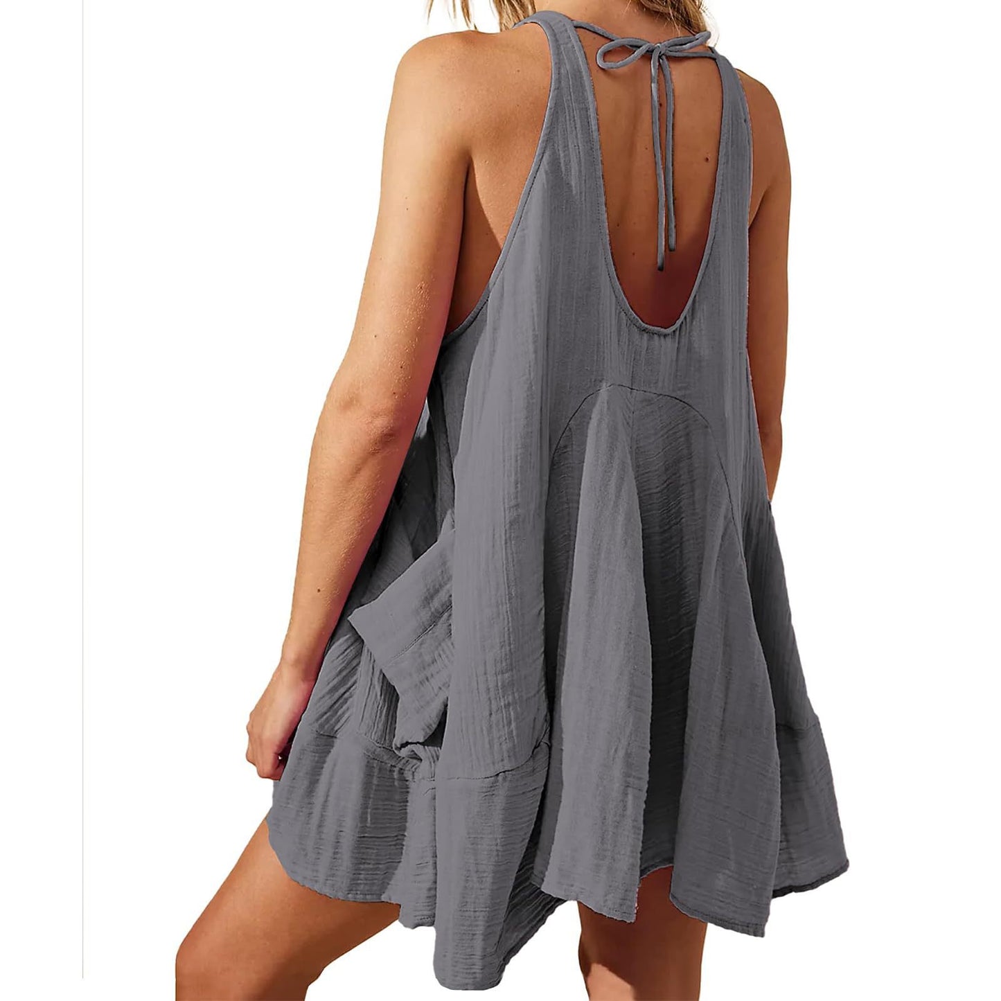 Sleeveless Crewneck Backless Mini Dress Loose-fit Tank Dress With Pockets