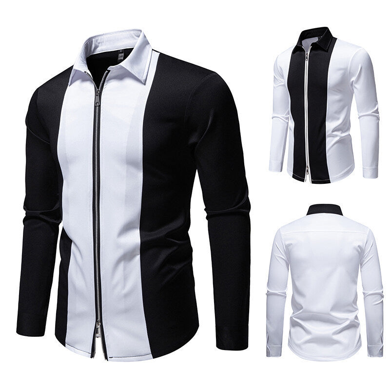 Color Block Zipper Design Plus Size Long Sleeve Shirt