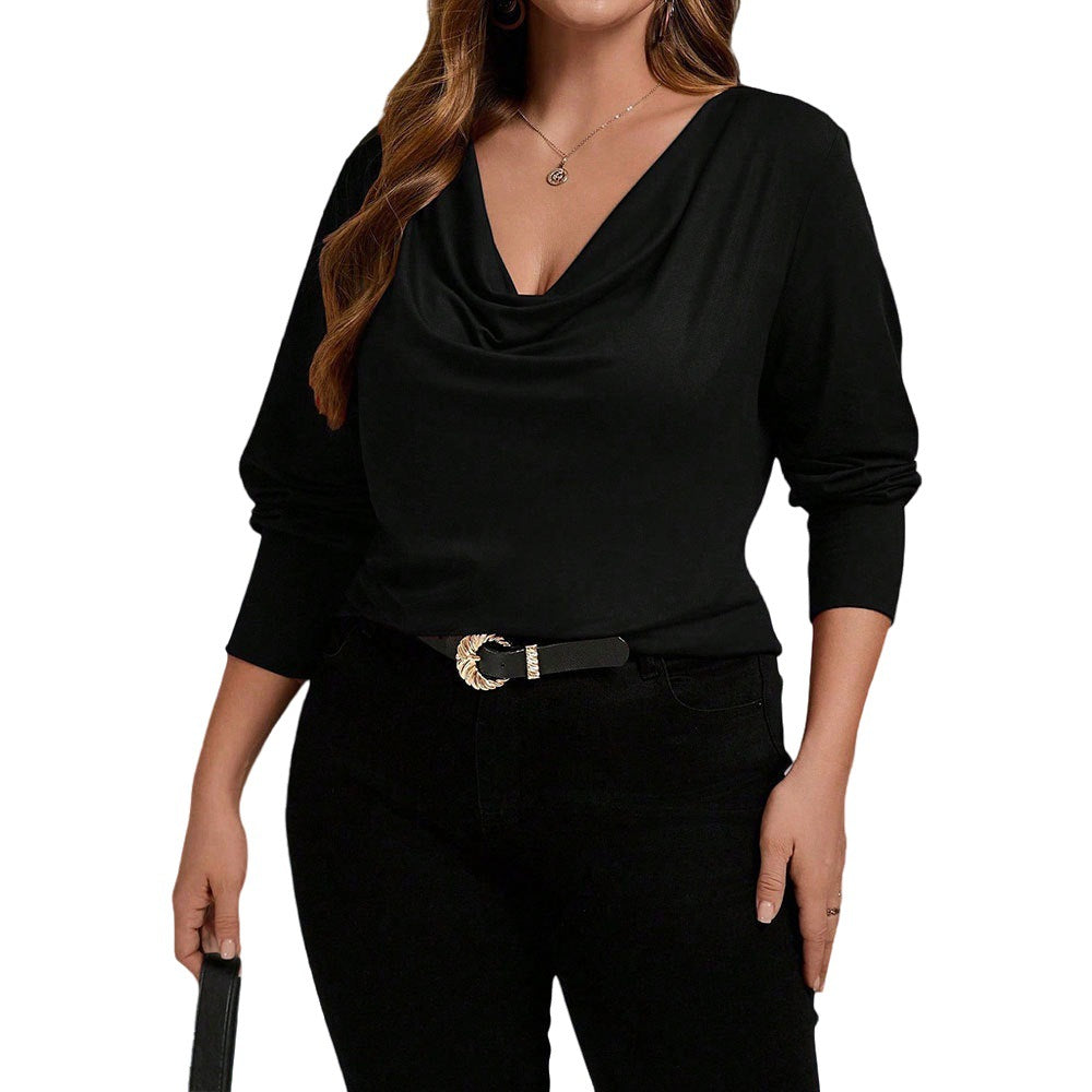 Lazy French-style Black V-neck Draped Collar Elegant Inner Top