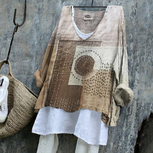 JApanese Sashiko Art Geometric Patchwork Linen Blend Long-sleeve Top