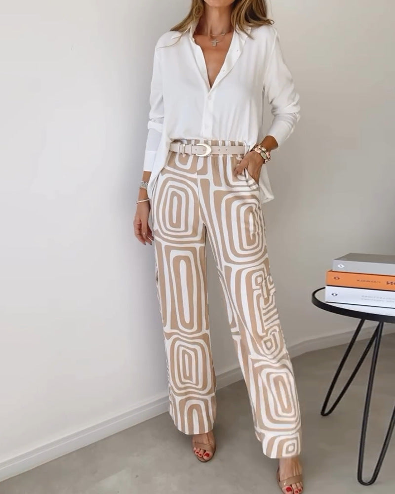 Long-sleeved Lapel Shirt Printed Wide-leg Pants Suit