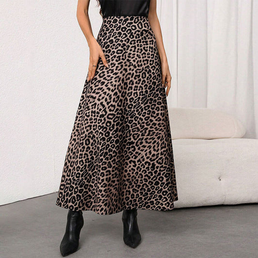 Womens Retro Leopard-Print Full A-Line Skirt