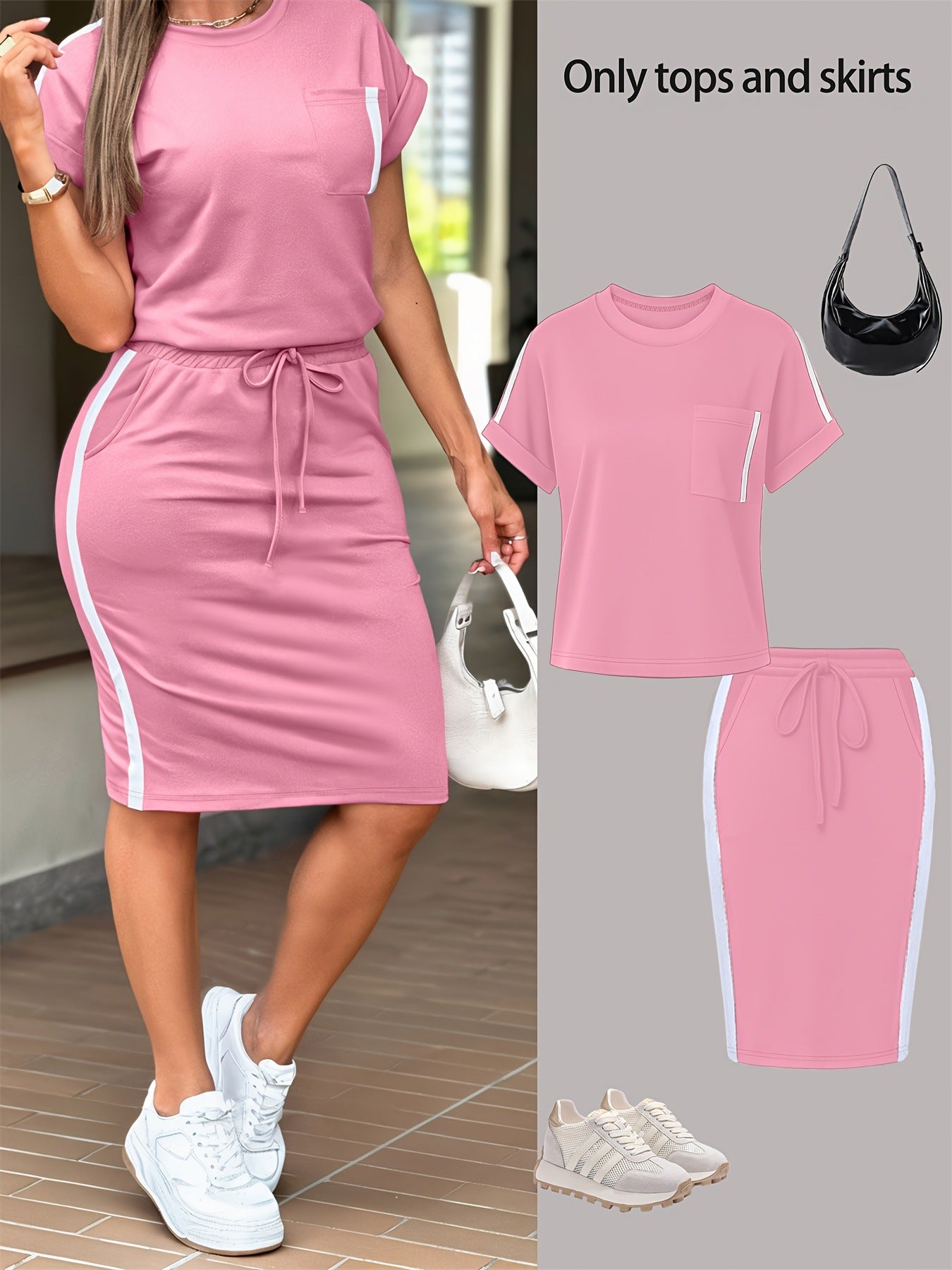 Womens Stylish Minimalist Off-shoulder T-shirt Paired With A Casual Form-fitting Skirt Set