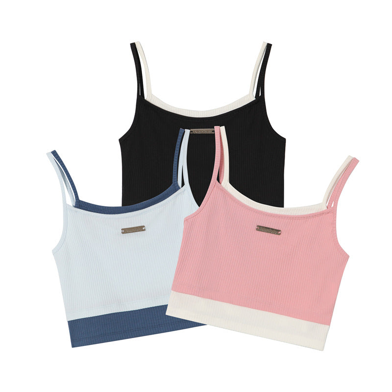 Stitching Contrast Color Design Sense Double-strap Vest Girl Fake Two Pieces