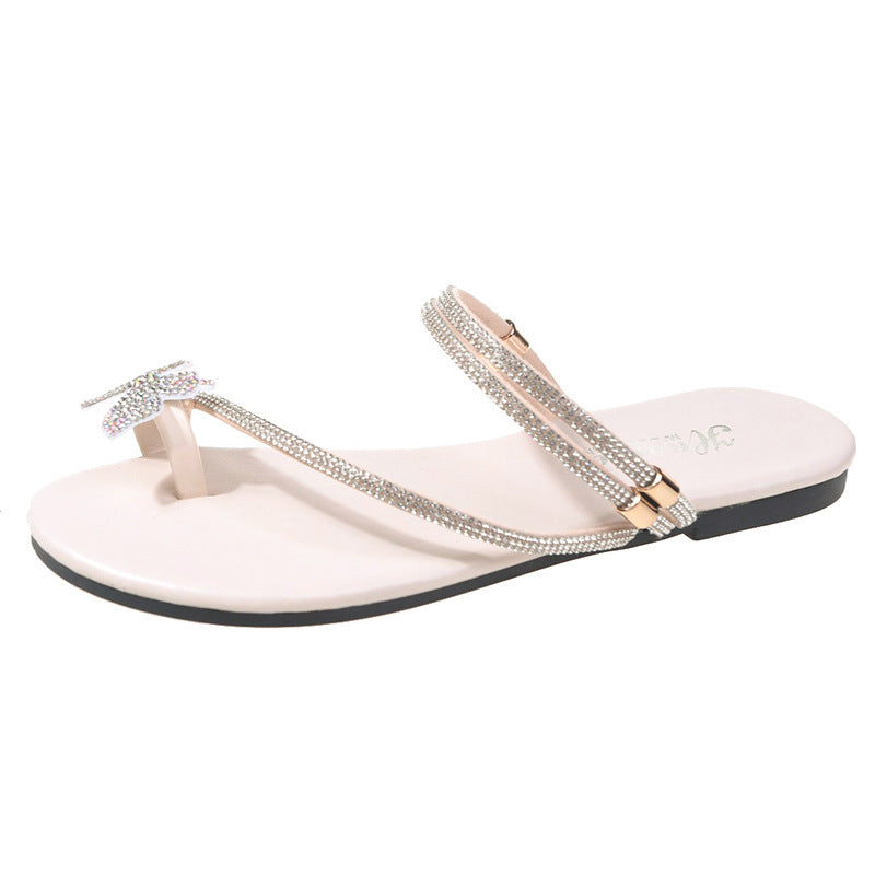 Plus Size Flat Bottom Rhinestone Bow Toe Covering Sandals Women's Outer Wear Fashion