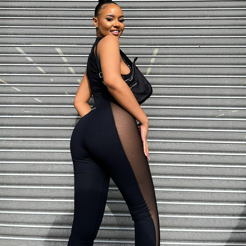 Women's New Mesh Solid Color Sleeveless Yarn Stitching Jumpsuit