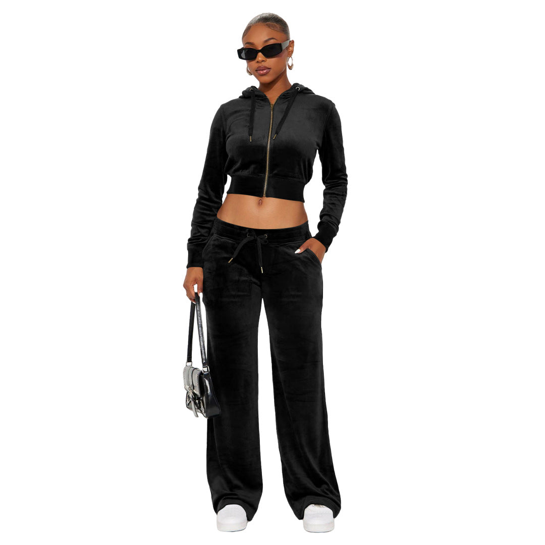 Hooded Midriff-baring Wide-leg Two-piece Set