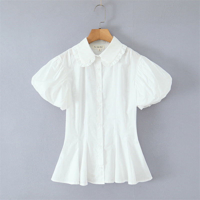 Lace Design Waist Trimming Versatile Short Shirt