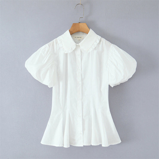 Lace Design Waist Trimming Versatile Short Shirt