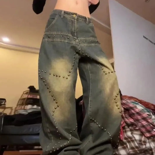 Plus Size Amerikanske Retro Vaskede Nittejeans med Stjerner