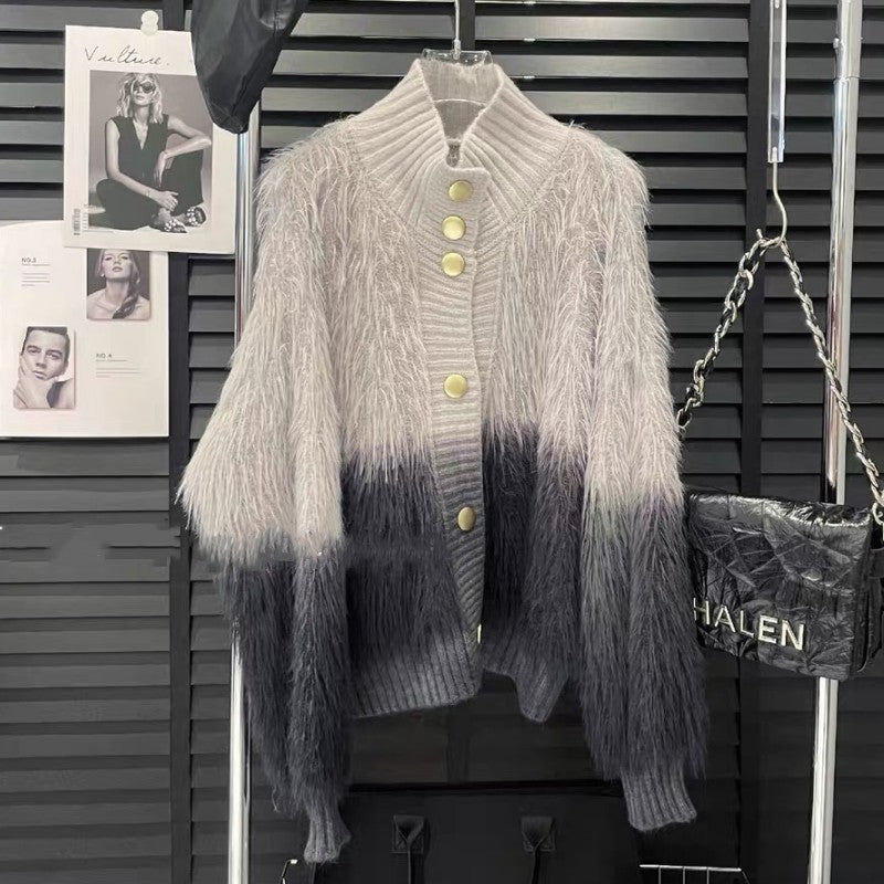 Contrast Color Tie-dye Gradient Knitted Cardigan For Women