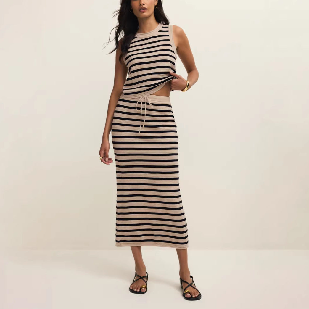 Striped Knitted Sleeveless Top And Slit Midi Skirt Set