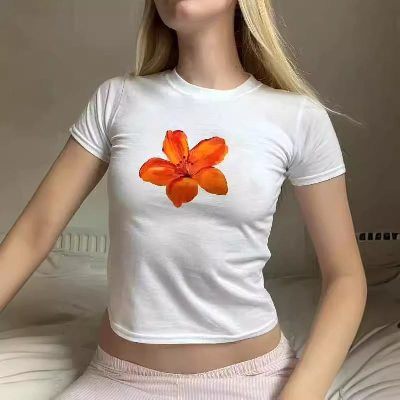 European And American Flower Print Round Neck Short Sleeve Midriff-baring Top T-shirt
