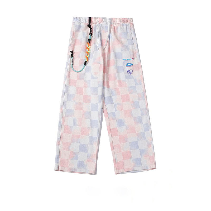 Tie-dye Plaid Straight-leg Pants Men's Trendy Brand Street Loose Wide-leg Casual Daddy Pants