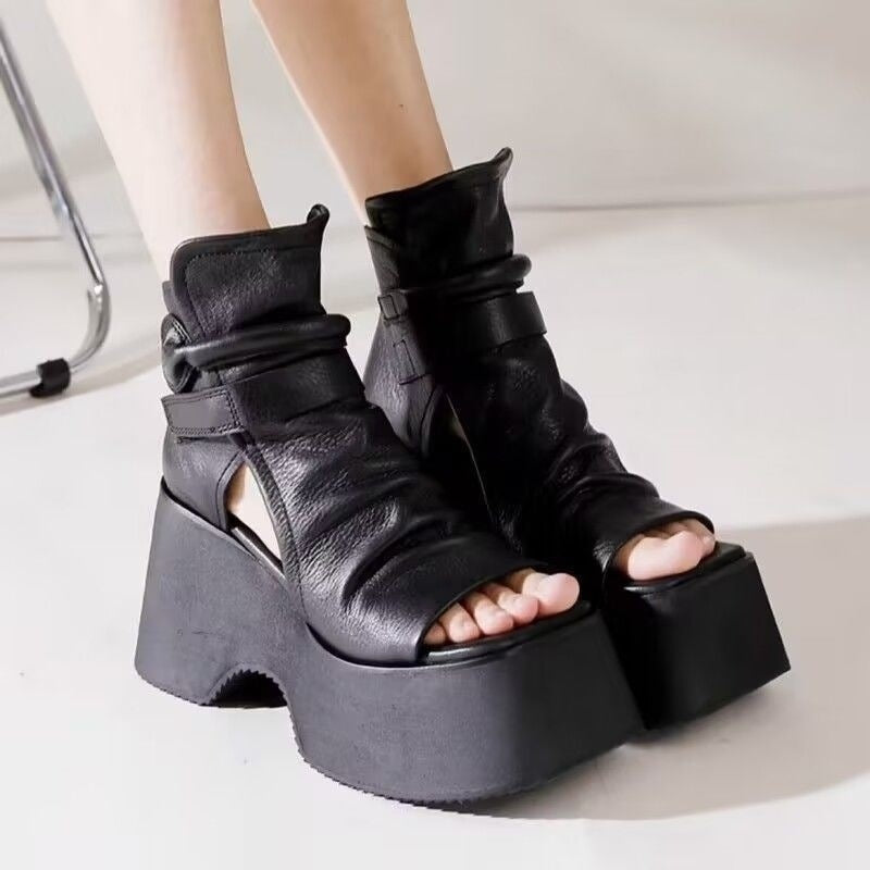 Womens Retro Platform Round-Toe Versatile High-Top Sandals